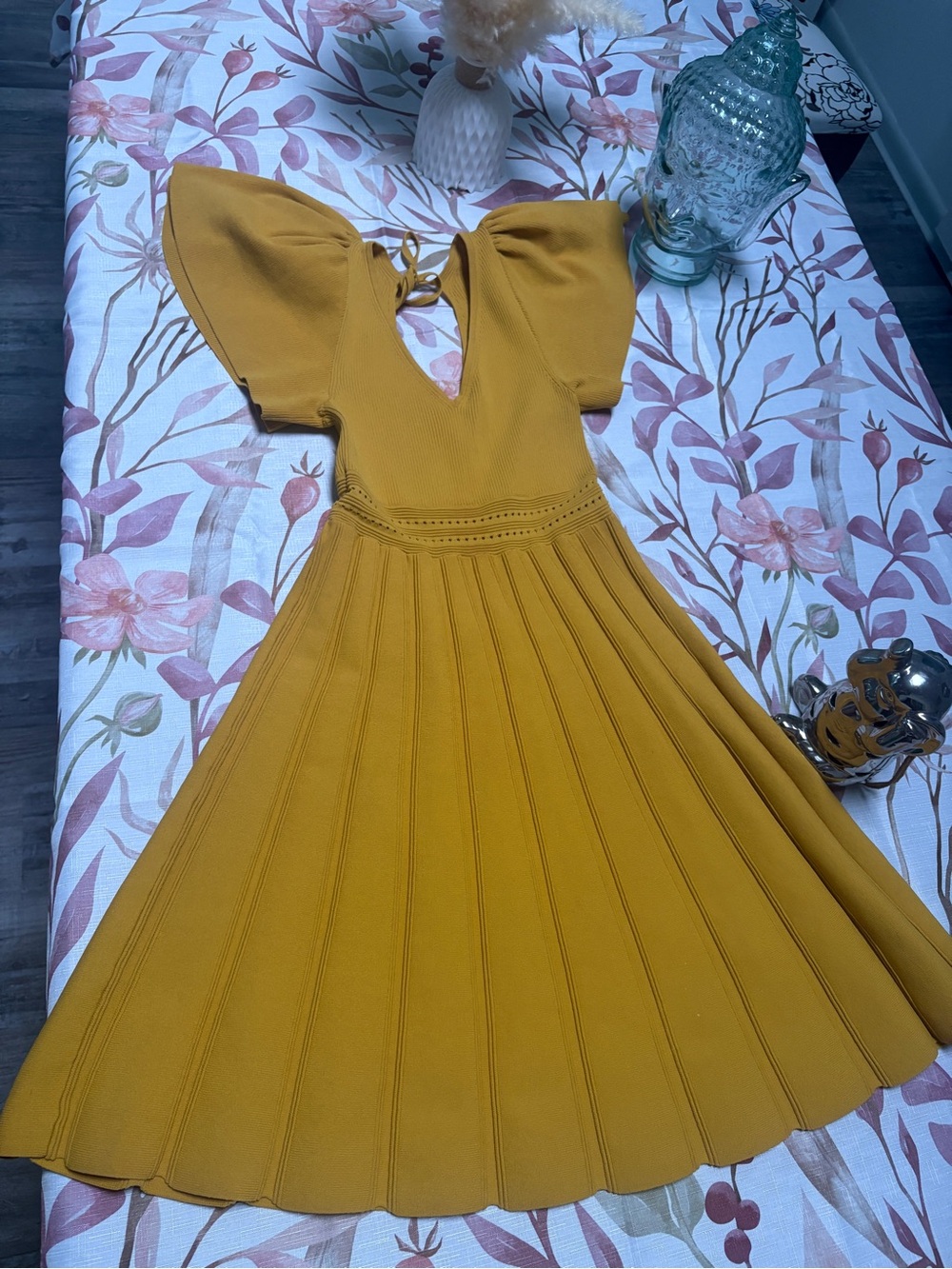 NY&Co. Eva Mendes- Mustard Yellow A-Line Knit Dress with Flutter Sleeves